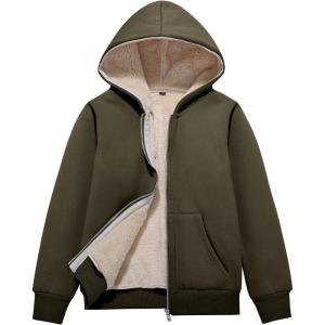 imageFlygo Unisex Boys Girls Fleece Jacket Hoodie Sherpa Lined Zip Up Hooded Sweatshirt Kids Winter JacketsArmy Green