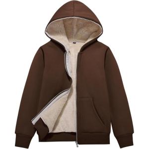 imageFlygo Unisex Boys Girls Fleece Jacket Hoodie Sherpa Lined Zip Up Hooded Sweatshirt Kids Winter JacketsBrown