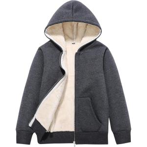 imageFlygo Unisex Boys Girls Fleece Jacket Hoodie Sherpa Lined Zip Up Hooded Sweatshirt Kids Winter JacketsDark Grey