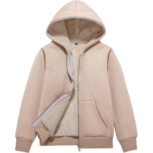 imageFlygo Unisex Boys Girls Fleece Jacket Hoodie Sherpa Lined Zip Up Hooded Sweatshirt Kids Winter JacketsLight Khaki