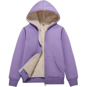 imageFlygo Unisex Boys Girls Fleece Jacket Hoodie Sherpa Lined Zip Up Hooded Sweatshirt Kids Winter JacketsPurple
