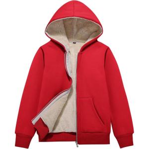 imageFlygo Unisex Boys Girls Fleece Jacket Hoodie Sherpa Lined Zip Up Hooded Sweatshirt Kids Winter JacketsRed