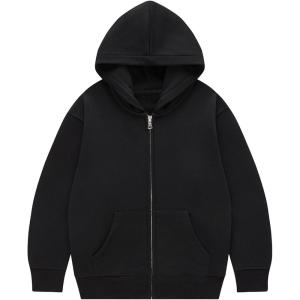 imageFlygo Unisex Boys Girls Hoodie Sweatshirt Full Zip Up Casual Long Sleeve Solid Jacket Kids Lightweight Outwear with PocketsBlack