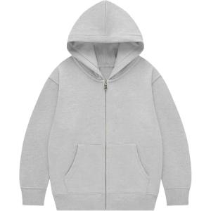imageFlygo Unisex Boys Girls Hoodie Sweatshirt Full Zip Up Casual Long Sleeve Solid Jacket Kids Lightweight Outwear with PocketsLightgrey
