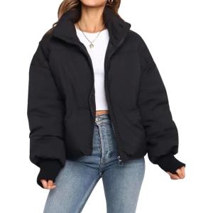 imageFlygo Winter Cropped Puffer Jacket Coats for Women 2025 Short Warm Quilted Jackets Outerwear with PocketsBlack