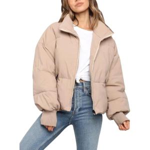 imageFlygo Winter Cropped Puffer Jacket Coats for Women 2025 Short Warm Quilted Jackets Outerwear with PocketsKhaki