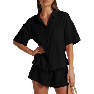 imageFlygo Women Casual 2 Piece Outfits Cotton Lounge Sets Loose Button Down Shirt and Shorts Pajama Gauze Set BeachwearBlack