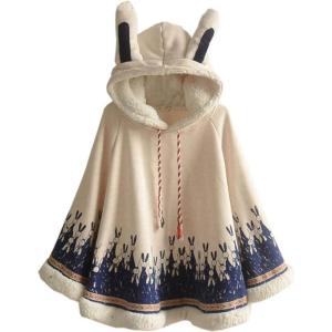 imageFlygo Women Girls Cute Fleece Lined Hooded Cape Poncho Cloak Coat Animal Printed02 Beige