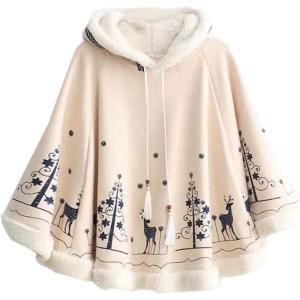 imageFlygo Women Girls Cute Fleece Lined Hooded Cape Poncho Cloak Coat Animal PrintedBeige