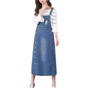 imageFlygo Womens Buttons Long Midi Denim Jean Jumpers Overall Pinafore Dress SkirtBlue