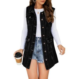 imageFlygo Womens Casual Button Up Sleeveless Denim Jean Mid Long Vest Gilet Jacket01 Black