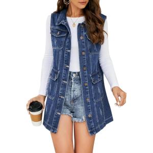 imageFlygo Womens Casual Button Up Sleeveless Denim Jean Mid Long Vest Gilet Jacket01 Blue