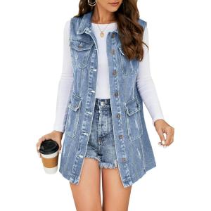 imageFlygo Womens Casual Button Up Sleeveless Denim Jean Mid Long Vest Gilet Jacket01 Light Blue