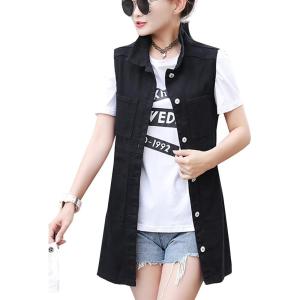 imageFlygo Womens Casual Button Up Sleeveless Denim Jean Mid Long Vest Gilet JacketBlack