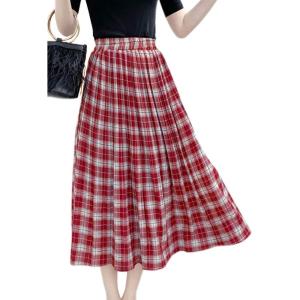 imageFlygo Womens Casual Summer High Waisted A Line Pleated Long SkirtRed