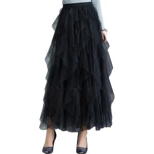 imageFlygo Womens Elastic Waist Tulle Ruffle Prom Party Layered Tiered Irregular Mesh Maxi Long SkirtBlack