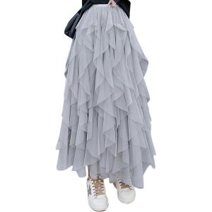 imageFlygo Womens Elastic Waist Tulle Ruffle Prom Party Layered Tiered Irregular Mesh Maxi Long SkirtGrey