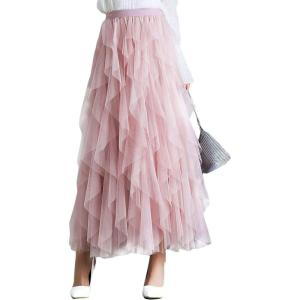 imageFlygo Womens Elastic Waist Tulle Ruffle Prom Party Layered Tiered Irregular Mesh Maxi Long SkirtPink