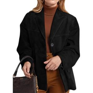 imageFlygo Womens Faux Suede Blazer Jacket Vintage Long Sleeve Button Down Casual Blazer Business Work OutfitsBlack