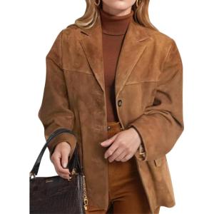imageFlygo Womens Faux Suede Blazer Jacket Vintage Long Sleeve Button Down Casual Blazer Business Work OutfitsBrown