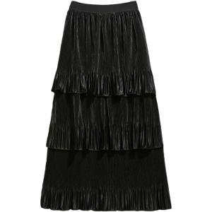 imageFlygo Womens Flared Layered Peated Ruffles Waterfall Midi SkirtBlack