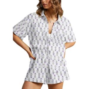 imageFlygo Womens Floral Pajamas Set Casual 2 Piece Outfits Button Down Shirt Shorts Linen Pj Lounge Sets Beach Vacation WearLight Purple