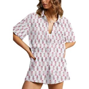 imageFlygo Womens Floral Pajamas Set Casual 2 Piece Outfits Button Down Shirt Shorts Linen Pj Lounge Sets Beach Vacation WearPink