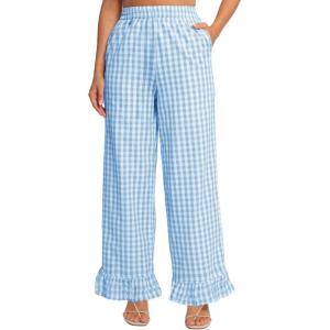 imageFlygo Womens Gingham Pants Y2K Cotton Wide Leg Ruffle Hem Lounge Pants Plaid Elastic Wasited Trouser with PocketsBlue
