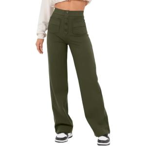 imageFlygo Womens High Waisted Multiple Pockets Straight Leg Flexipants Stretchy Work Trousers Button Down Casual PantsArmygreen