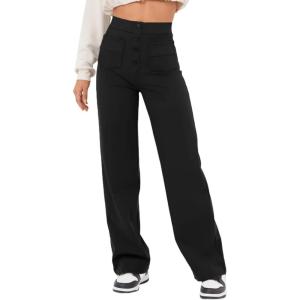 imageFlygo Womens High Waisted Multiple Pockets Straight Leg Flexipants Stretchy Work Trousers Button Down Casual PantsBlack