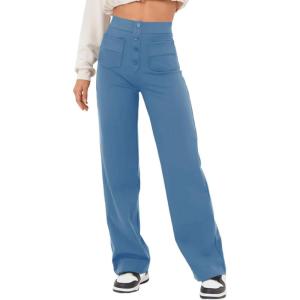 imageFlygo Womens High Waisted Multiple Pockets Straight Leg Flexipants Stretchy Work Trousers Button Down Casual PantsBlue