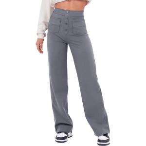 imageFlygo Womens High Waisted Multiple Pockets Straight Leg Flexipants Stretchy Work Trousers Button Down Casual PantsGrey