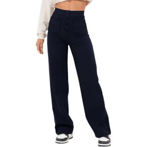 imageFlygo Womens High Waisted Multiple Pockets Straight Leg Flexipants Stretchy Work Trousers Button Down Casual PantsNavy