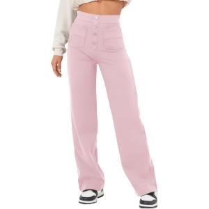 imageFlygo Womens High Waisted Multiple Pockets Straight Leg Flexipants Stretchy Work Trousers Button Down Casual PantsPink