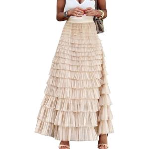 imageFlygo Womens Long Maxi Tulle Skirts A Line Ruffle High Waisted Tiered Layered Mesh Tutu Skirt PetticoatApricot