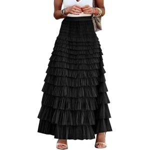 imageFlygo Womens Long Maxi Tulle Skirts A Line Ruffle High Waisted Tiered Layered Mesh Tutu Skirt PetticoatBlack