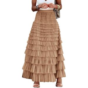 imageFlygo Womens Long Maxi Tulle Skirts A Line Ruffle High Waisted Tiered Layered Mesh Tutu Skirt PetticoatKhaki