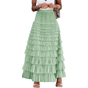 imageFlygo Womens Long Maxi Tulle Skirts A Line Ruffle High Waisted Tiered Layered Mesh Tutu Skirt PetticoatLight Green