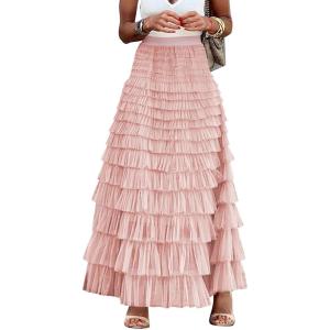 imageFlygo Womens Long Maxi Tulle Skirts A Line Ruffle High Waisted Tiered Layered Mesh Tutu Skirt PetticoatPink