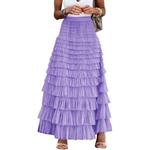 imageFlygo Womens Long Maxi Tulle Skirts A Line Ruffle High Waisted Tiered Layered Mesh Tutu Skirt PetticoatPurple