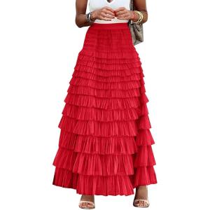 imageFlygo Womens Long Maxi Tulle Skirts A Line Ruffle High Waisted Tiered Layered Mesh Tutu Skirt PetticoatRed