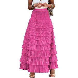 imageFlygo Womens Long Maxi Tulle Skirts A Line Ruffle High Waisted Tiered Layered Mesh Tutu Skirt PetticoatRose