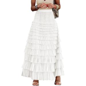 imageFlygo Womens Long Maxi Tulle Skirts A Line Ruffle High Waisted Tiered Layered Mesh Tutu Skirt PetticoatWhite
