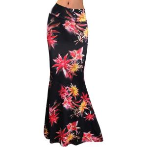 imageFlygo Womens Maxi Skirt Fold Over Waist Floral Printed Long SkirtBlack