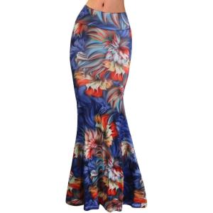 imageFlygo Womens Maxi Skirt Fold Over Waist Floral Printed Long SkirtDark Blue