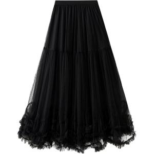 imageFlygo Womens Maxi Tulle Skirt Long Tiered A Line Mesh Tutu Fairy High Elastic Waist Pleated Layered SkirtsBlack
