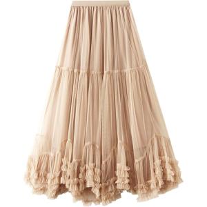 imageFlygo Womens Maxi Tulle Skirt Long Tiered A Line Mesh Tutu Fairy High Elastic Waist Pleated Layered SkirtsChampagne
