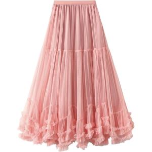 imageFlygo Womens Maxi Tulle Skirt Long Tiered A Line Mesh Tutu Fairy High Elastic Waist Pleated Layered SkirtsLightpink