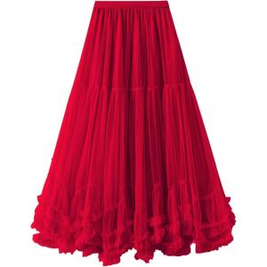 imageFlygo Womens Maxi Tulle Skirt Long Tiered A Line Mesh Tutu Fairy High Elastic Waist Pleated Layered SkirtsRed