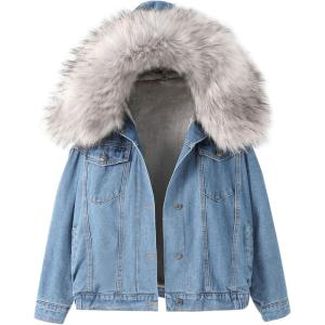 imageFlygo Womens Oversized Warm Sherpa Lined Faux Fur Hooded Denim Jacket Jean CoatGrey
